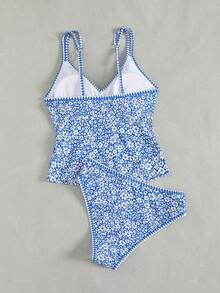 SHEIN Swim Set Baju Renang Tankini Wanita Motif Bunga dengan Tali Bahu Tipis untuk Liburan - Blue and White - View 7