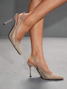 CUCCOO SZL Women's Pointed Toe Apricot Mesh Fabric Metallic Buckle Backstrap Open Toe Fashion Pumps, Elegant For Office And Commute - Apricot - View 1