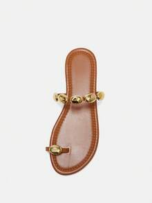 Bholvia Women's Metal Bead Decor Open Toe Flat Bohemian PU Leather Tan Sandals, Vacation Spring Shoes Summer Shoes - Gold - View 4