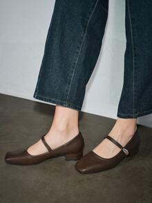 女士3厘米布面包跟黑色时尚百搭玛丽珍低跟粗跟优雅平底鞋，另有藏蓝色、咖啡色、酒红色可选 - 深棕色 - 查看 3