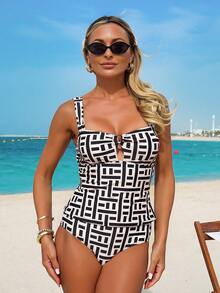 Swim Lushoire 2pcs Women's Summer Beach Fashion Vacation Random Line Print Ruched Resin Ring Top & Matching Random Print Triangle Tankini Swimsuit Set - Multicolor - View 8