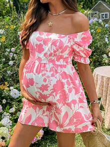 SHEIN Maternity Casual Floral Print Romper - Pink - View 1