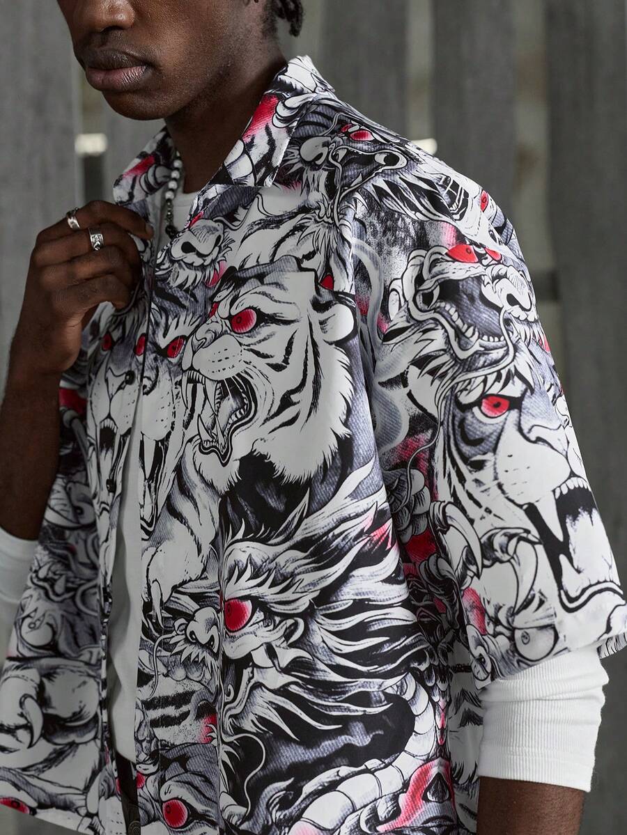 NEON BLANC Men's Summer Fashion Tiger Print Button-Front Short Sleeve Shirt