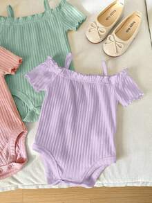 SHEIN LMoss Kids 3件組新生女嬰休閒可愛簡約純色露肩短袖連身衣 - 彩色 - 查看 3