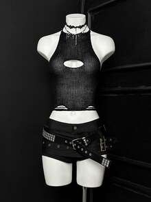 EgrlEra Y2K Sexy Ripped Knit Tank Top, Summer Women's Knit Top - Black - View 1