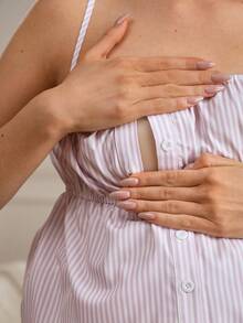 SHEIN Maternity Striped Camisole Top + Adjustable Waist Pants 2 Pieces Set, Summer - Pink - View 9