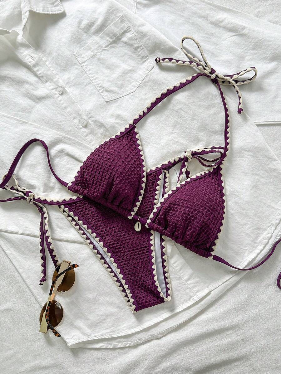 Swim Mod Women's Solid Color Jacquard Fabric Ruffle Trim Tie Strap 2-Piece Bikini Set, Summer - Purple - View 1