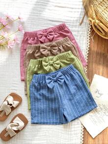 SHEIN Vintaside Kids 4件套女童休闲弹力腰蝴蝶结装饰直筒短裤，绿色/卡其色/粉色/蓝色，百搭时尚夏季短裤 - 彩色 - 查看 6