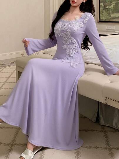 DAZY 花卉蕾丝拼接长袖收腰连衣裙，春季女装及睡衣