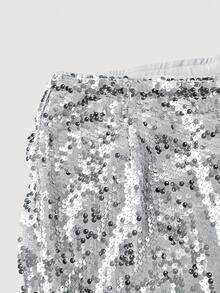 SHEIN MOD 女士纯色亮片阔腿宽松时尚裤，适合感恩节、圣诞节、舞会、派对等场合，闪亮裤装，秋冬季女士必备 - 銀色 - 查看 5