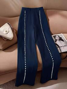 Franclia Plus Size Women's Pearl Embellished Straight Wide Leg Pants,Elegant Navy Blue Linen-Like Textured Fabric For Autumn Tea Party Commute Formal Daily - Navy Blue - View 1