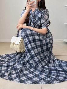 FRIFUL Women's Plaid Flared Loose Casual Dress, Versatile For Spring & Summer - Blue - View 2