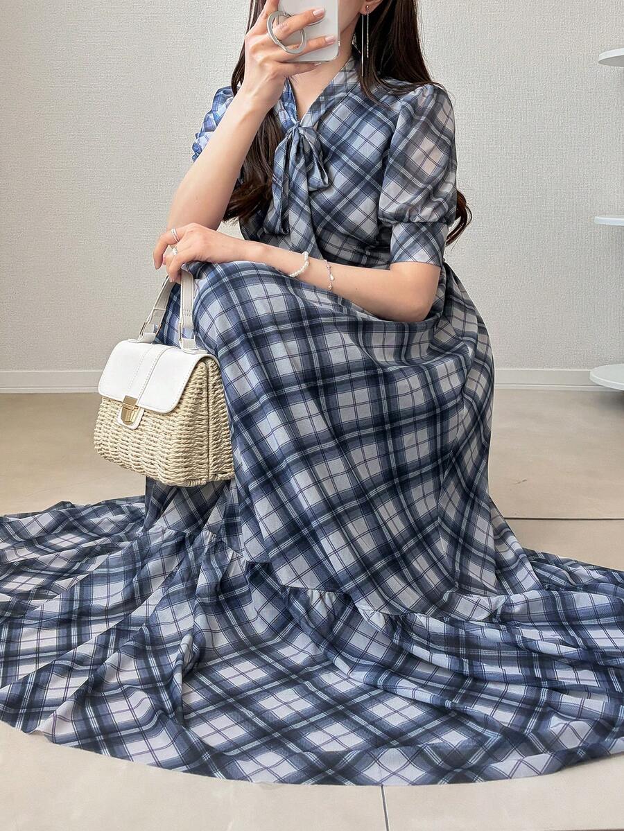 FRIFUL 女士格子喇叭宽松休闲连衣裙，春夏百搭 - 藍色 - 查看 1