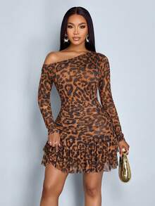 Party Ready Women's Mesh Bodycon Dress, Orange Leopard Random Print Mini With Asymmetrical Neck And Tiered Layer Hem - Orange - View 5