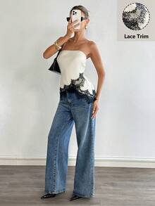 Siren Gaze 女士夏季休闲时尚沙滩度假哑光缎面蕾丝边抹胸上衣 - 杏色 - 查看 6