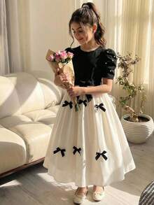 少女时尚蝴蝶结针织短袖连衣裙 - 黑與白 - 查看 3