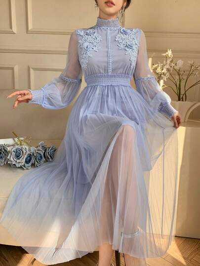 DAZY 优雅纯色蕾丝领长连衣裙，适合春夏季节穿着