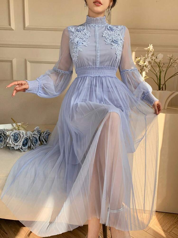 Elegant Solid Color Lace Collar Long Dress For Women, Spring & Summer