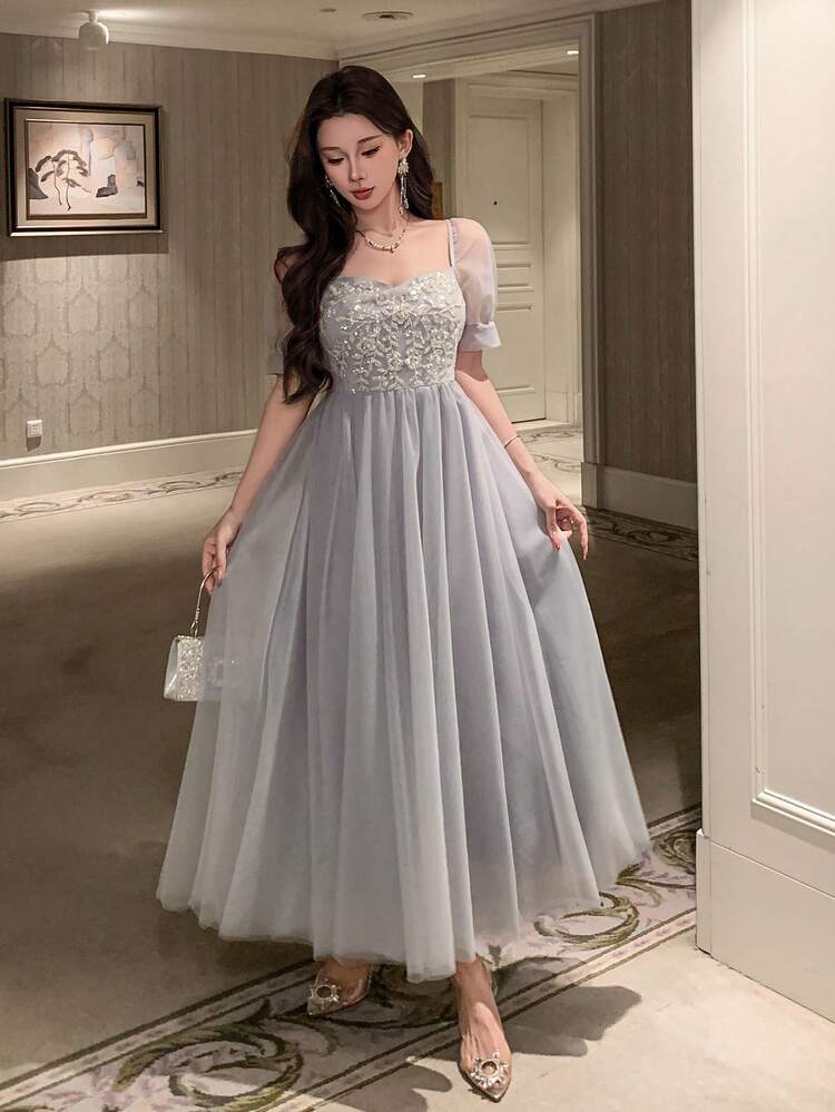 Women's Elegant Lace Patchwork Square Collar Petal Sleeve Mid-Length Dress, Summer,Wedding Guest Dress Women Sundress Cocktail Dress