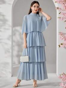 Veilorie Women's Solid Color Stand Collar 3D Floral Decor Multi-Tier Ruffle Hem Elegant Dress - Mint Blue - View 5
