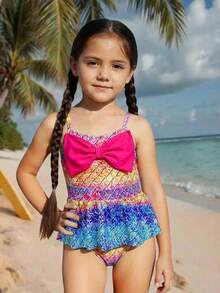 SHEIN Young Girls Mermaid Print Bow Cute Swimsuit, Sports, Beach, Vacation, Swimming, Casual & Fun - Purple - View 3