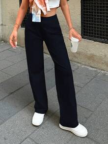 SHEIN Cottnline Große Größe 100% Baumwolle Schrägtasche Gerade Bein Jogginghose - Schwarz - Übersicht 3