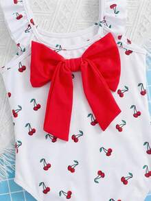 Emery Rose Kids 女童粉色荷叶袖蝴蝶结连体泳衣，姐妹装 - 白色 - 查看 6