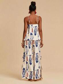 Travachic 女士鱼纹印花背心和印花长裤两件套，女士度假装，女士海滩度假装，女士夏季装，度假两件套 - 藍色 - 查看 2