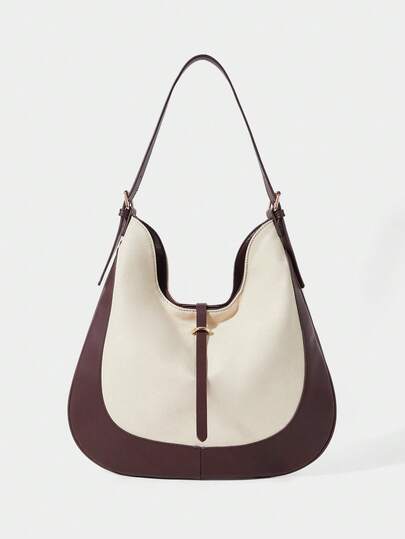 SHECARRY 女士休闲帆布拼接单肩包新月包