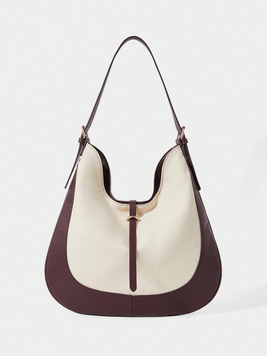 SHECARRY Women's Casual Canvas Splicing Shoulder Bag Crescent Bag - Off-white - View 1