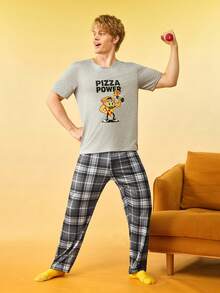 卡通披萨印花男士圆领短袖上衣和格子印花长裤睡衣套装 - 彩色 - 查看 5