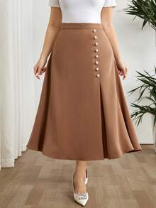 Modelyn Plus Size Women Solid Color Elastic Waist Faux Pearl Decor Casual Skirt - Pale Yellow - View 5