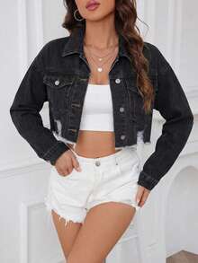 SHEIN Áo khoác denim ngắn tay rách rách, giặt thường ngày - màu đen - Xem 5