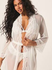 MISSGUIDED Women's Luxurious White Lace Trim Chiffon Robe With Long Sleeves V-Neck Belted Waist Bridal Sleepwear Intimates - White - View 3