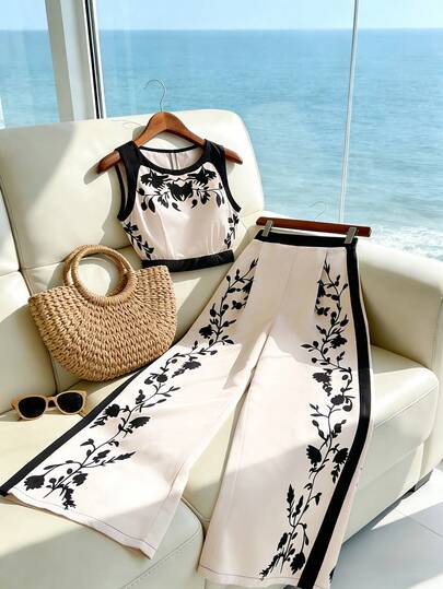Franclia 两件套女士度假印花吊带背心+阔腿裤套装，宽松版型，适合通勤、日常穿着，优雅时尚。适合女士冬季服装、圣诞节、新年、白色新年装扮、派对、海滩、优雅休闲、浪漫、情人节、约会、毕业季、时尚休闲通勤装、商务办公装、百搭时尚休闲日常装、都市教师工作服。