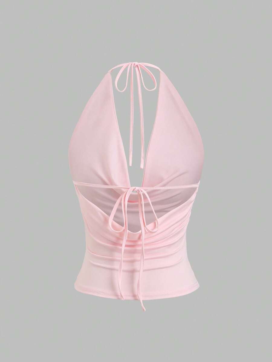 Sweetra Women's New Fashion Versatile Backless Halter Neck Knit Sweater, Waist Fitted Top - Pink - View 1