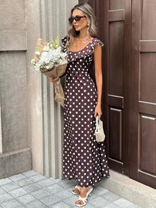 SHEIN PariChic Đầm nữ cổ vuông, viền bèo nhún, chấm bi nâu, dáng ôm, phong cách retro và gợi cảm, hơi hướng cổ điển, đầm mùa hè, trang phục mùa hè, đầm ngày Valentine, đầm sinh nhật, đầm thanh lịch nữ, đầm thường ngày nữ, đầm đi nghỉ mát, trang phục duyên dáng nữ, đầm chấm bi, đầm màu nâu - màu nâu - Xem 6