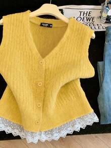 SHEIN LUNE 2026 كنزة صوفية نسائية كاجوال بسيطة متعددة الاستخدامات مع تريم أصفر وحاشية من الدانتيل، مناسبة للارتداء اليومي للمقاسات الكبيرة - أصفر - مشاهدة 6