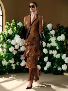 Arave Women's Woven V-Neck Shoulder Gathered Waist Elegant Office Commute Blazer Top, Winter - Camel - View 6