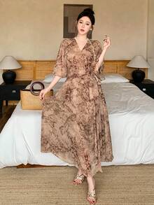 DAZY 女士夏季休闲度假风印花交叉领裹身系腰连衣裙 - 淺綠色 - 查看 5