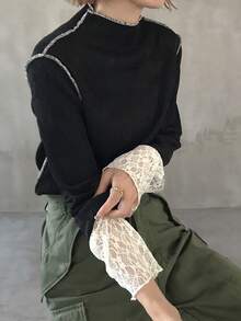 FRIFUL Women's Mock Neck Long Sleeve Fitted Cuff Color Block Splice Wavy Hem Decor Regular Pullover T-Shirt - Black - View 8