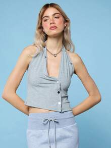 COUREZ Halter Top With Cut Out Front Detail /Y2K Summer For Women Cute Sexy Grey Top Sleeveless Top Halter Neck Beach Holiday Summer Vacation Going Out - Grey - View 4