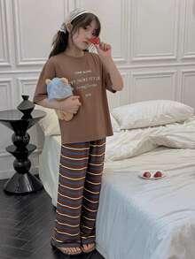 DAZY Tween Girl Letter Print Round Neck Short Sleeve Top And Striped Print Pants Pajama Set - Brown - View 5