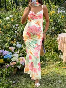 SHEIN 孕妇碎花垂褶修身夏季吊带连衣裙 - 彩色 - 查看 6