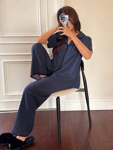 Napfluff Bộ đồ ngủ nữ tay ngắn và quần dài dệt sọc thêu họa tiết, kiểu Hàn Quốc, thích hợp mặc ở nhà hoặc mặc ngoài. - Màu xanh lam - Xem 3
