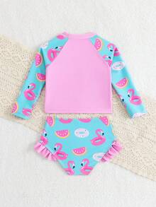 Conjunto de traje de baño de niña con estampado de dibujos animados que incluye camiseta de protección solar de manga larga y bikini triangular, adecuado para nadar, playa, piscina - Multicolor - Ver 2