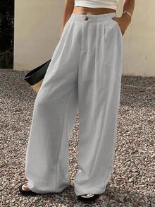 DAZY 女士宽松纯色阔腿裤，带口袋，休闲度假夏季长裤 - 淺灰色 - 查看 1