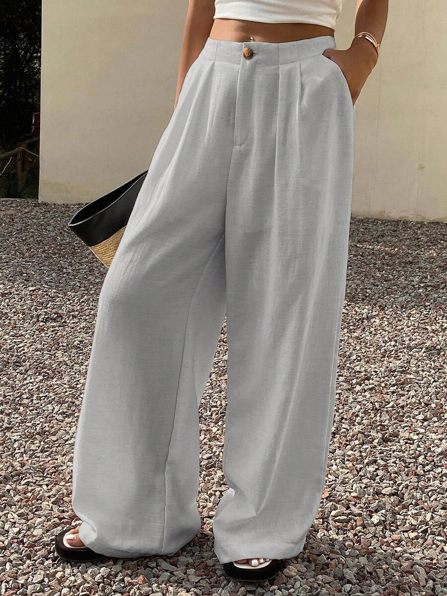 DAZY 女士宽松纯色阔腿裤，带口袋，休闲度假夏季长裤 - 淺灰色 - 查看 1