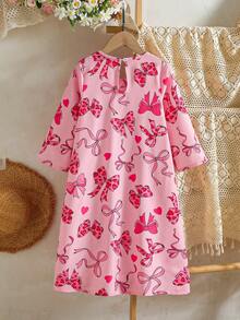 SHEIN Girls' Spring/Autumn V-Neck Long Sleeve Butterfly Print Long Dress, Fashionable And Stylish Casual Outerwear - Pink - View 2