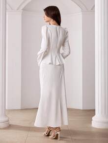 Modelyn 春夏优雅方领刺绣花瓣袖上衣搭配鱼尾裙 - 白色 - 查看 6